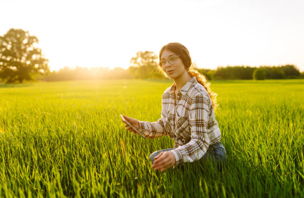istock A woman farmer with a modern tablet in green field. 2068803587