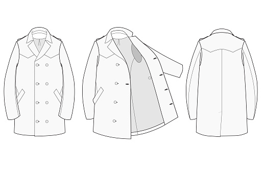 This vector illustration template offers a comprehensive depiction of a trench coat, presented in front, back, and open views. This illustration captures the classic and timeless design of the trench coat, emphasizing its distinctive features such as the double-breasted front, belt, epaulettes, and storm flap. The inclusion of the coat in both closed and open positions allows for a detailed examination of its structure and design, providing insights into the garment's versatility and functionality. Rendered with precision and a neutral tone, this template serves as an invaluable tool for fashion designers and apparel manufacturers, aiding in the design process, product development, and marketing. The clear and detailed representation also makes it suitable for educational purposes within fashion design courses, offering a visual guide to the construction and styling of a trench coat. This vector illustration is designed to meet the needs of professionals seeking a high-quality, accurate depiction of this iconic piece of outerwear.