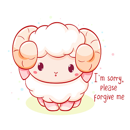 Apologize card. Sad little sheep and Inscription I'm sorry, please forgive me. Cute baby lamb apologize. Vector illustration EPS8