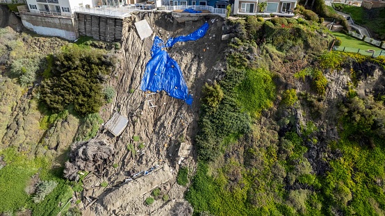 San Clemente landslides  on coastal bluffs threatening ocean view homes taken by drone