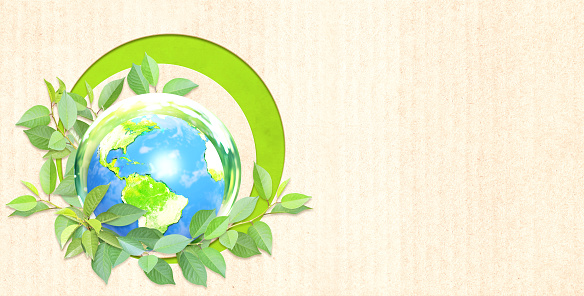 Earth day. Earth in glass ball, green leaves on cardboard texture. Ecology, go green, environmental and conservation protection concept. Horizontal banner with eco paper texture and planet. 3d render