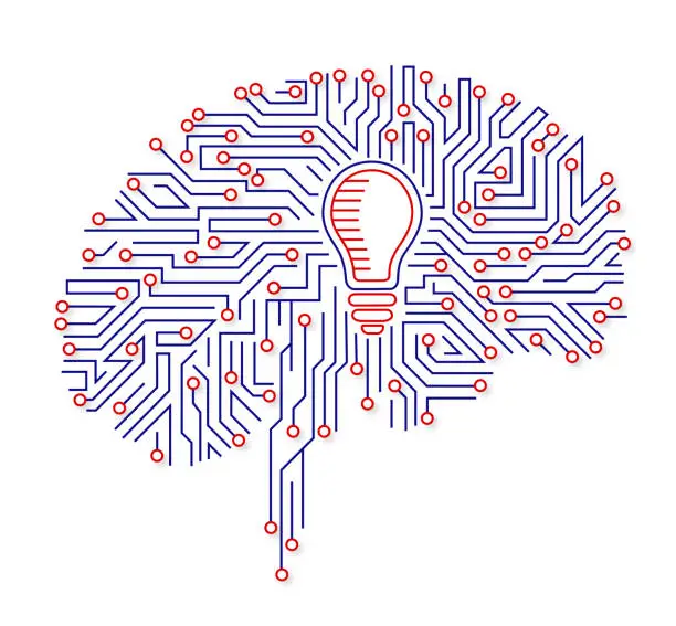 Vector illustration of Light bulb in human brain with circuit board as brain anatomy isolated on white