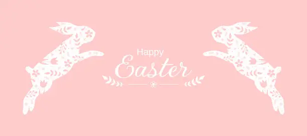 Vector illustration of Easter greeting card. Two jumping Easter bunnies with floral pattern on a pink background. Vector illustration