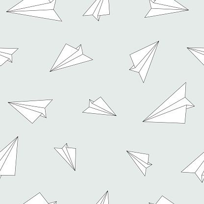 Paper planes vector seamless pattern. White on light blue background.