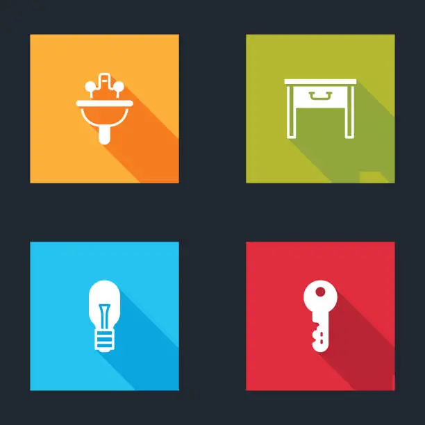 Vector illustration of Set Washbasin, Furniture nightstand, Light bulb and House key icon. Vector