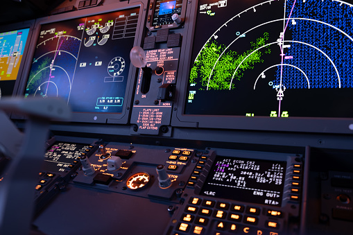 A close up of the cockpit of a modern jet airliner.