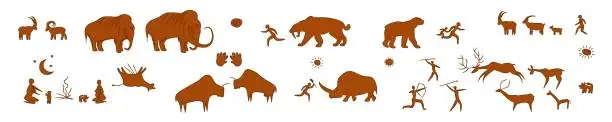 Vector illustration of Ancient prehistoric rock paintings. Cave paintings of primitive people hunting mammoths and rhinoceros
