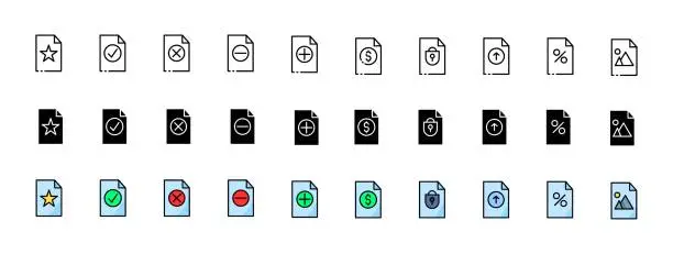 Vector illustration of Document icons collection. File indicators icons. Linear, silhouette and flat style. Vector icons