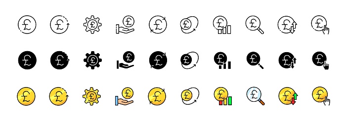 Pound symbol icon set. Pound currency collection. Linear, silhouette and flat style. Vector icons