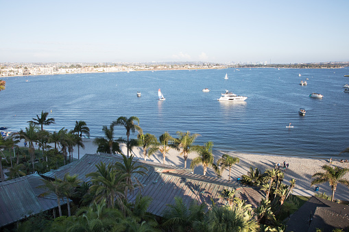 San Diego, CA - August 12, 2023: Sail bay with sandy beaches and recreational motorboats and yachts, Southern California