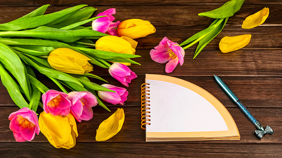 Spring bouquet of yellow and pink tulips, flower petals notebook with place for text, pen on dark wooden background.