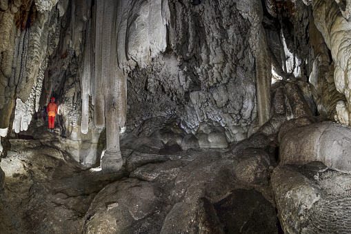 Stalactites and stalagmites inside Meramec Caverns in Missouri, USA with copy space.