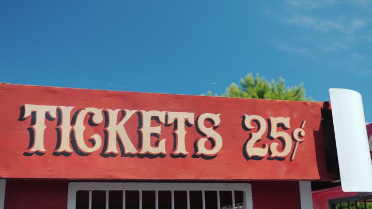 Ancient sign on ticket kiosk with price for rides