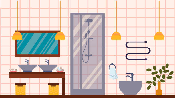 The interior of a modern bathroom with a bidet and a Japanese-style shower cabin. The illustration is in a flat style. The interior of a modern bathroom with a bidet and a Japanese-style shower cabin. The illustration is in a flat style. toilet sign in japanese style stock illustrations