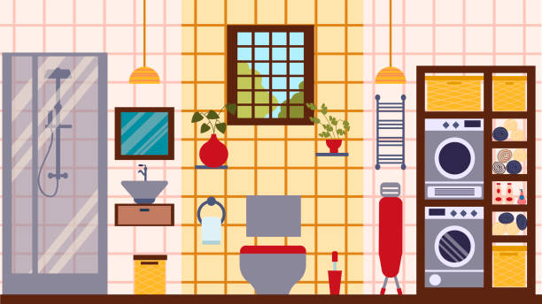 The interior of a modern bathroom, toilet and laundry room, made in Japanese style. The illustration is in a flat style. The interior of a modern bathroom, toilet and laundry room, made in Japanese style. The illustration is in a flat style. toilet sign in japanese style stock illustrations