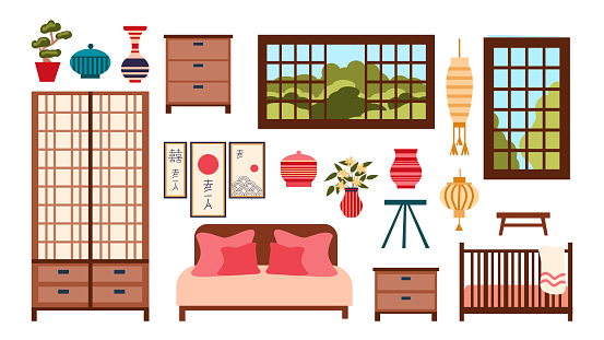 Set of furniture for a bedroom with a large bed and a cot in Asian style, a collection for an oriental Japanese interior, isolated on a white background, icons in a flat style