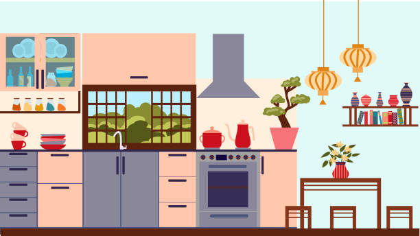 The interior of a modern kitchen with a window above the sink, made in Japanese style. The illustration is made in a flat style. The interior of a modern kitchen with a window above the sink, made in Japanese style. The illustration is made in a flat style. toilet sign in japanese style stock illustrations