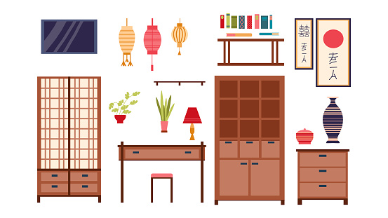 Set of furniture and decor for an Asian-style office, a collection for an oriental Japanese interior is isolated on a white background, icons in a flat style