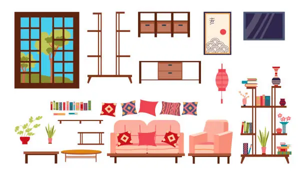 Vector illustration of Set of furniture and decor for the living room in an Asian style, a collection for an oriental Japanese interior, icons in a flat style