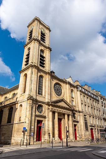 Paris, France - March, 7, 2024: Exterior view of the Saint-Jacques-du-Haut-Pas church, a Catholic church built in the 17th century rue Saint-Jacques, in the 5th arrondissement of Paris, France