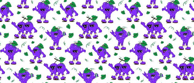 Set of retro cartoon grape characters. A modern illustration featuring cute grape mascots in different poses and emotions, creating a 70's comic book vibe.