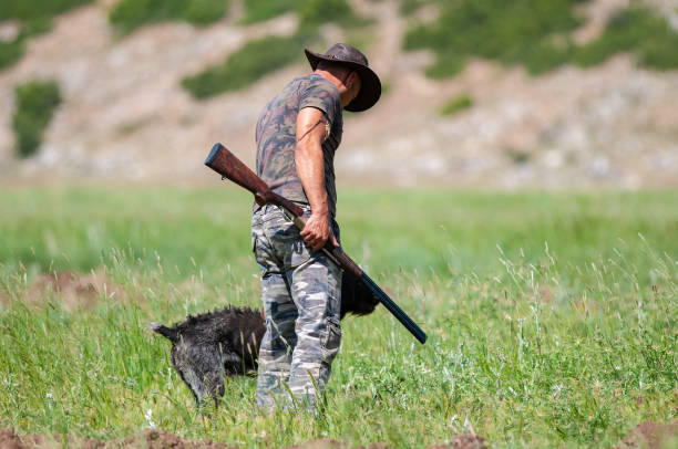 The hunter stalks his prey with his gun and dog.