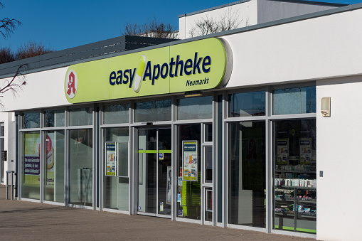 Neumarkt, Germany - January 28, 2024: An easyApotheke branch in Neumarkt, Germany. easyApotheke (Holding) AG has around 140 branches in Germany and has its system headquarters in Düsseldorf. The special feature of these pharmacies is their self-service area.