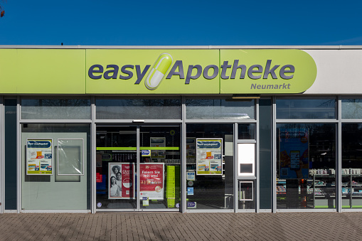 Neumarkt, Germany - January 28, 2024: An easyApotheke branch in Neumarkt, Germany. easyApotheke (Holding) AG has around 140 branches in Germany and has its system headquarters in Düsseldorf. The special feature of these pharmacies is their self-service area.