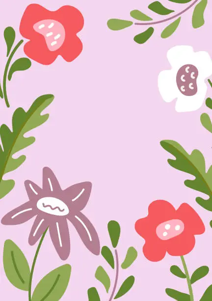 Vector illustration of Spring floral card with simple doodle flowers around edges of background and copy space for text in center. Greeting card, banner, poster, labels, tags, promotional banners. Vector illustration