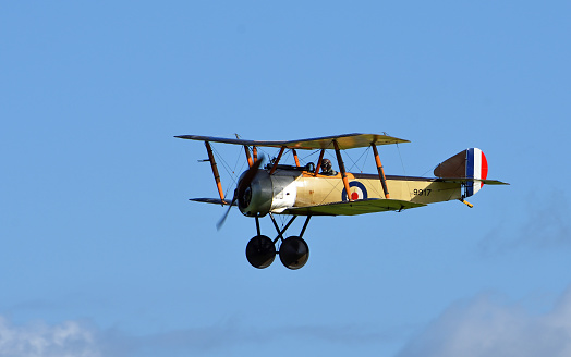 Ickwell, Bedfordshire, England - September 06, 2020: Vintage 1916  Sopwith Pup World War 1  aircraft in flight.