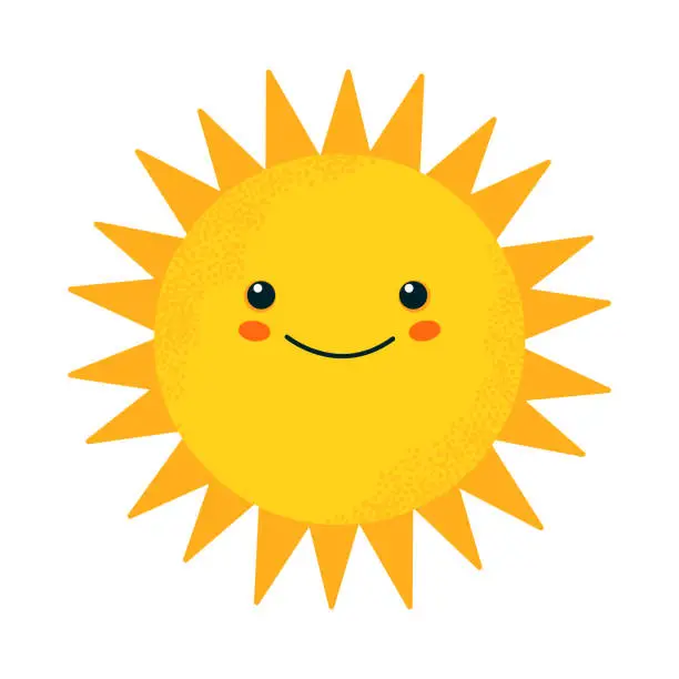 Vector illustration of Smiling sun. Happy textured sun with face. Design element for prints, cups, plates, dishes, t-shirts and stickers for kids. Vector illustration