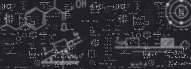 Equações de cálculo, álgebra, química orgânica, reações químicas, elementos químicos, física, movimento retilíneo, estática, eletromagnetismo, força de atrito, energia, com fundo preto Ilustrações de fórmulas químicas