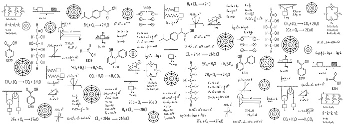 Calculus equations, algebra, organic chemistry, chemical reactions, chemical elements, physics, rectilinear motion, statics, electromagnetism, friction force, energy, with white background