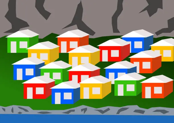 Vector illustration of Colorful wooden norway town houses at coast