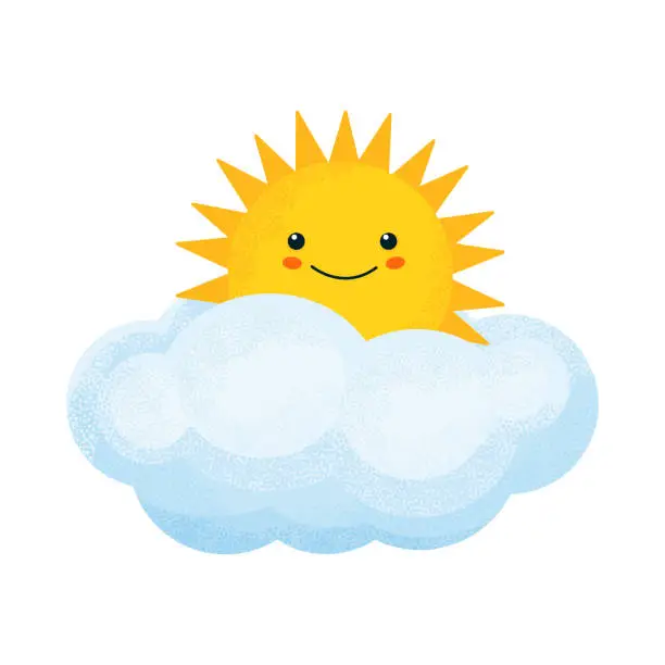 Vector illustration of The sun is hiding in a cloud. Joyful happy sun in cartoon style for design prints, t-shirts and patterns for kids. Vector illustration