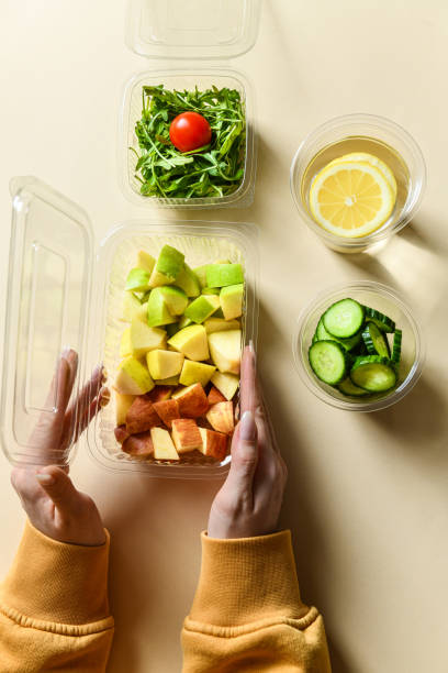 istock Female Showing Salads And Lemon Water In Plastic Containers 2069053209