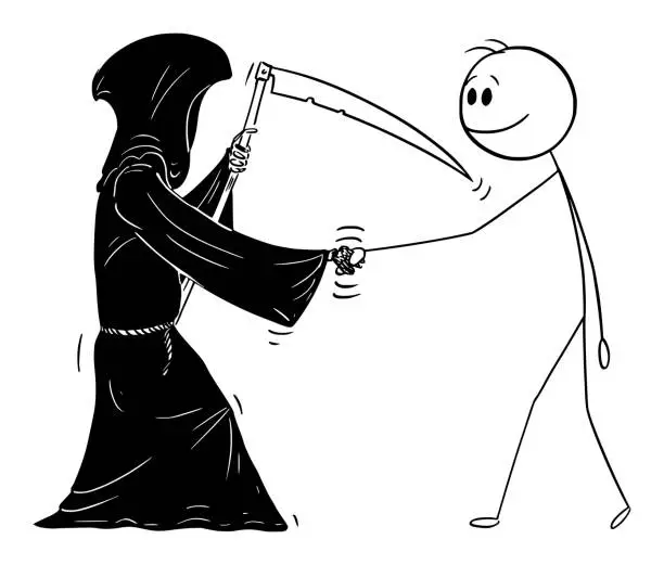 Vector illustration of Person Shaking Hands With Death or Grim Reaper, Vector Cartoon Stick Figure Illustration