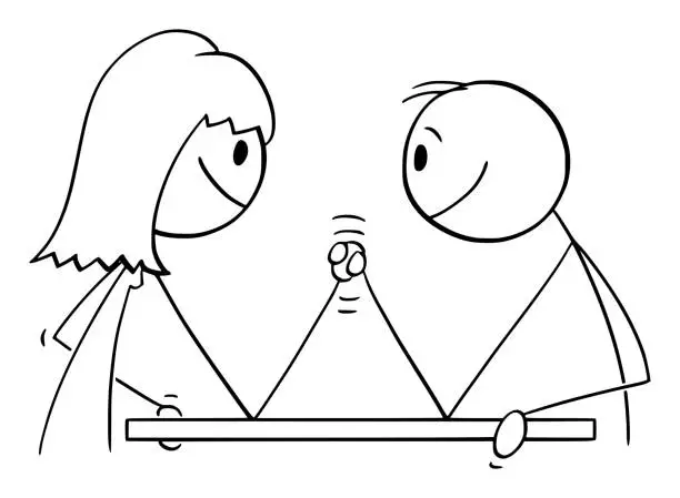 Vector illustration of Arm Wrestling Between Man and Woman, Vector Cartoon Stick Figure Illustration