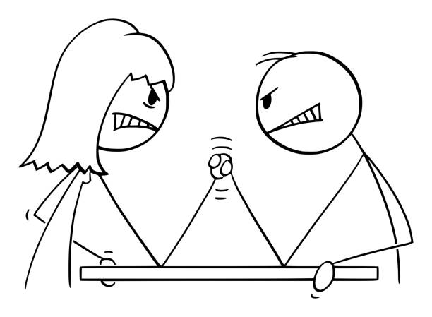 Arm Wrestling Between Man and Woman, Vector Cartoon Stick Figure Illustration Arm wrestling between angry man and woman, vector cartoon stick figure or character illustration. funny contract stock illustrations