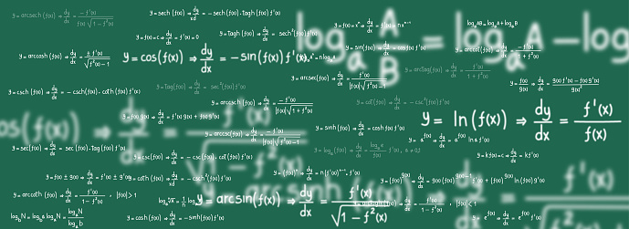 Equations and formulas of logarithms, derivatives, trigonometric, logarithmic, hyperbolic and inverse on green chalkboard background