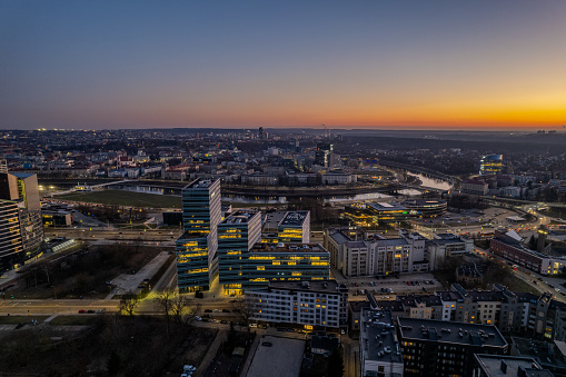 Aerial spring view of sunset dusk in Vilnius city center, down town, Šnipiškės district, Lithuania