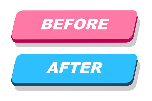 Vibrant graphic showcasing two 3D buttons, one pink labeled BEFORE and the other blue labeled AFTER, indicating a clear visual comparison or transformation concept