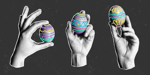 Vector illustration of Hands hold neon painted Easter eggs