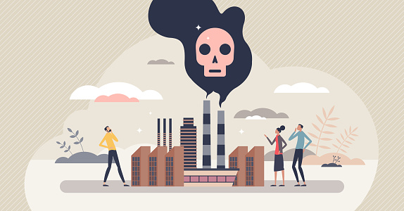 Pollution as air damaging with factory fumes and CO2 tiny person concept. Emission cloud from industrial manufacturing as toxic and environmental contamination vector illustration. Chimney smoke scene