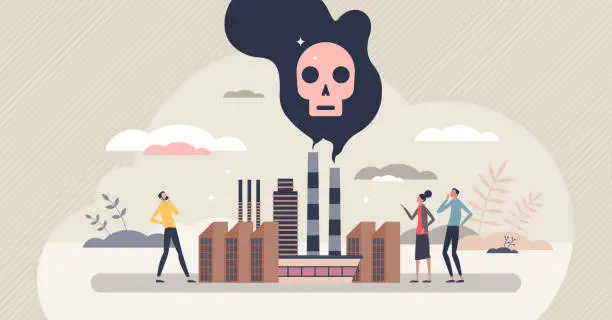 Vector illustration of Pollution as air damaging with factory fumes and CO2 tiny person concept