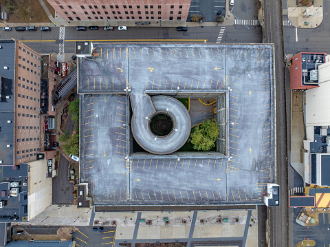 Winter aerial image of the downtown parking garage in a city.