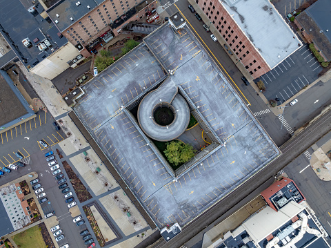 Winter aerial image of the downtown parking garage in a city.