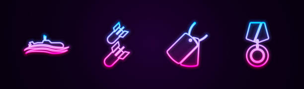 istock Set line Submarine, Aviation bomb, Military dog tags and reward medal. Glowing neon icon. Vector 2069113604