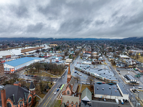 Elmira, NY, USA - 03-02-2024 - Cloudy winter aerial image of the downtown area in the City of Elmira, NY, year round activity.