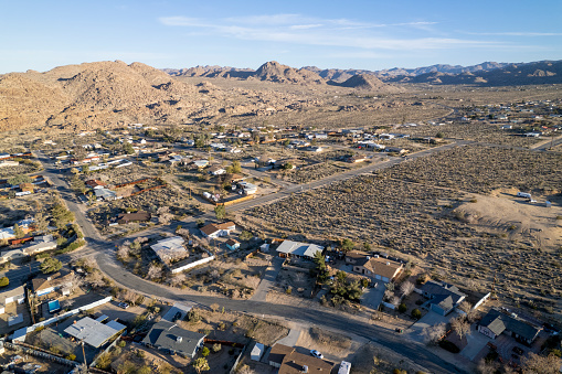 Aerial view of Joshua Tree town in the desert in morning light
